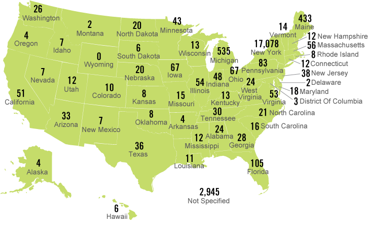 This shows a map of the USA and the total number of members by U.S. state of initial certification in 2016.